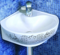 Раковина в ванную (умывальник) угловой РАДУГА декор ГОРОД белый в Орехово-Зуево СтройДвор на Карболите