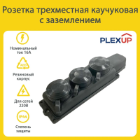 Колодка розеток 3 гнезда с загл.,каучук16A IP44 ЗЕМЛЯ черная в Орехово-Зуево СтройДвор на Карболите
